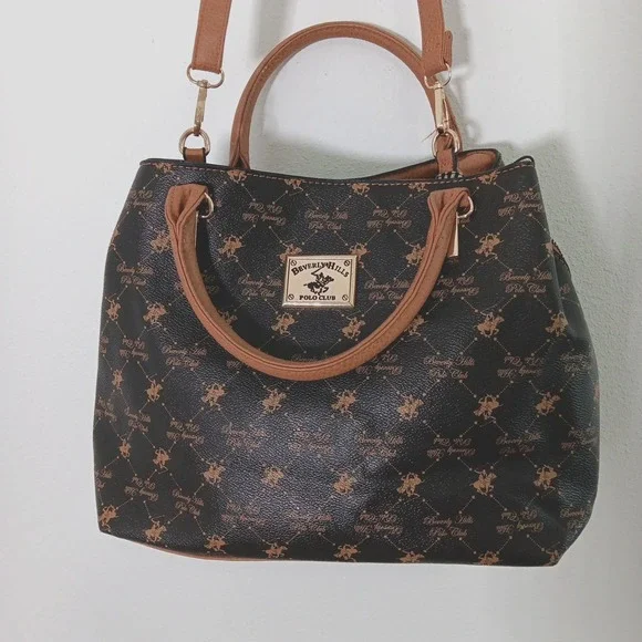 Beverly Hills Polo Crossbody Handbag‎ Brown Tan Faux Leather Preppy Countryside - Picture 2 of 15